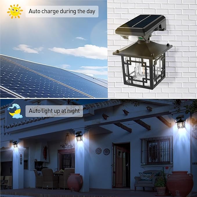 QUQUQ Solar Pathway Lights 2 Packs Solar Outdoor Wall Lights with Sensor Garden Retro Lantern Yard Patio Decor(Black1)