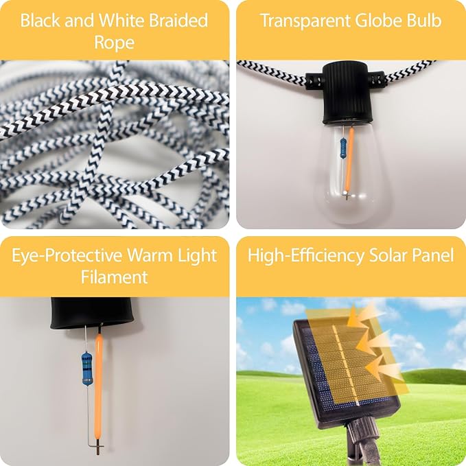 Solar String Lights Outdoor IP44 Waterproof, Black and White Braided Cord Solar Powered Patio Lights with Vintage | Lumora