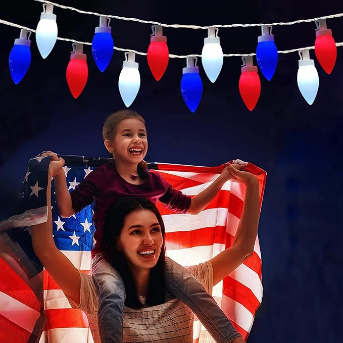 Red White and Blue Lights C9 25Ft 4th of July Decorations with 25 LED Patriotic String Lights, Plug-in Christmas Light for Home Presidents Day Memorial Day Fourth July Christmas Decor
