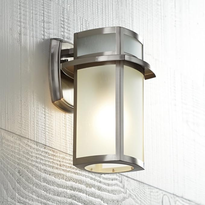 Possini Euro Design Delevan Modern Outdoor Wall Light Fixture Brushed Nickel Steel 11 1/4" Frosted Seedy Glass Damp | Lumora