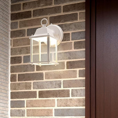 Maxxima LED Porch Lantern Outdoor Wall Light - White with Clear Glass, 3000K Warm White, 650 Lumens, Dusk to Dawn Photocell Light Sensor, Patio or Porch Sconce Fixture, Exterior Lighting - White