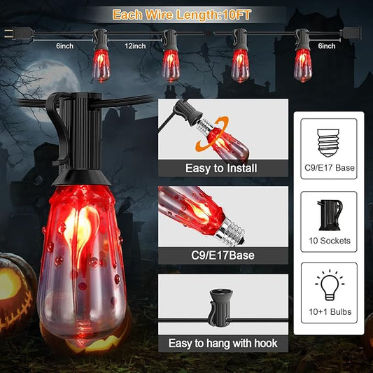 Halloween Flicker Flame String Lights Outdoor, 10Ft Halloween Decorations ST40 Lights with 10 Flicker Flame Bulbs for Patio, Party Decoration, Black Wire