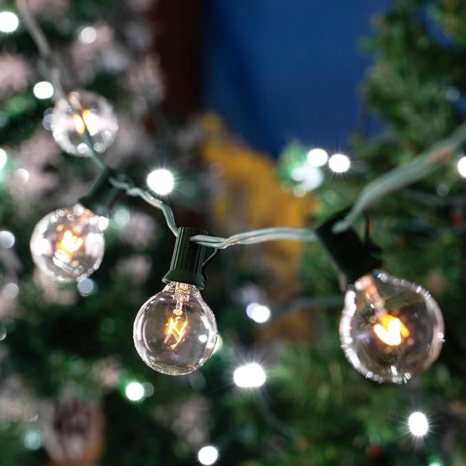 G40 Patio String Lights with 25 Clear Globe Bulbs - Hanging Garden String Lights - Vintage Backyard Patio Lights - Outdoor String Lights - Market Cafe String Lights - Green Wire - 25 Foot