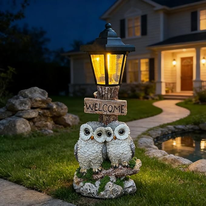 Outdoor Garden Owl Statue with Solar Lights, Owl Figure with Welcoming Sign,for Outdoor Landscapes, Courtyards | Lumora