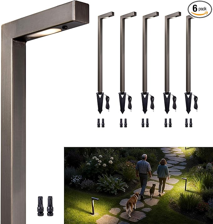 Gardenreet Outdoor Path Lights Brass, LED Landscape Pathway Light, Low Voltage Driveway Lamp Waterproof, L Shape 12V Wired Bronze for Walkway Sidewalk Without G4 Bulb 6 Pack