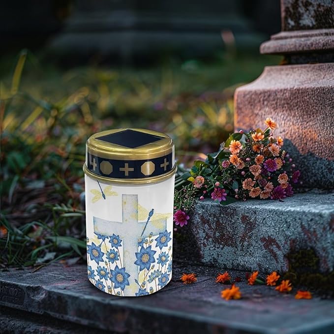Cemetery Solar Lights for Grave,Cross Blue Flowers Solar Powered Garden Stake Lights, Multi-Color Decorative Lights for Cemetery Grave Outdoor Decoration Memorial