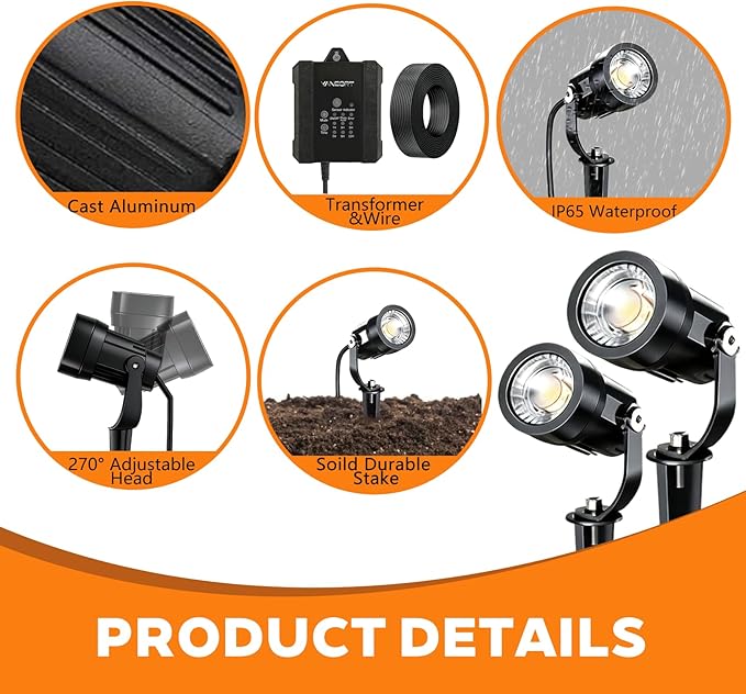 Low Voltage Landscape Lighting Kit, 8-Pack LED Bright Durable Spotlights 550Lumens, 65W Transformer with Sensor | Lumora