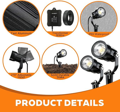 Low Voltage Landscape Lighting Kit, 8-Pack LED Bright Durable Spotlights 550Lumens, 65W Transformer with Sensor Timer, 65FT Wire IP65 Waterproof 3000K Warm White Outdoor Garden Pathway Lights