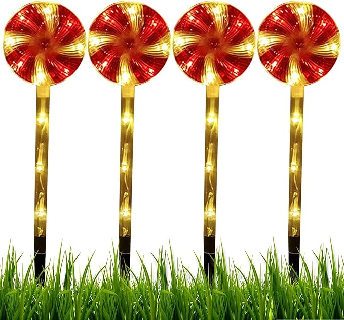 Solar Garden Lights Candy Cane Lights, 4 Cute Christmas Lollipop Pathway Lights with Stakes, Waterproof Outdoor Solar Pathway Lights for Christmas Decoration, Yard, Yard, Lawn (Color : Red)