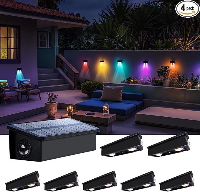 Fence Lights Solar Powered Outdoor Waterproof 3 Sided Wall LED Landscaping for Yard, Deck, Patio, Rail, Garage, Pool, Balcony, Energy Efficient Warm White Safety (Multicolor, Down-8Pack Light)