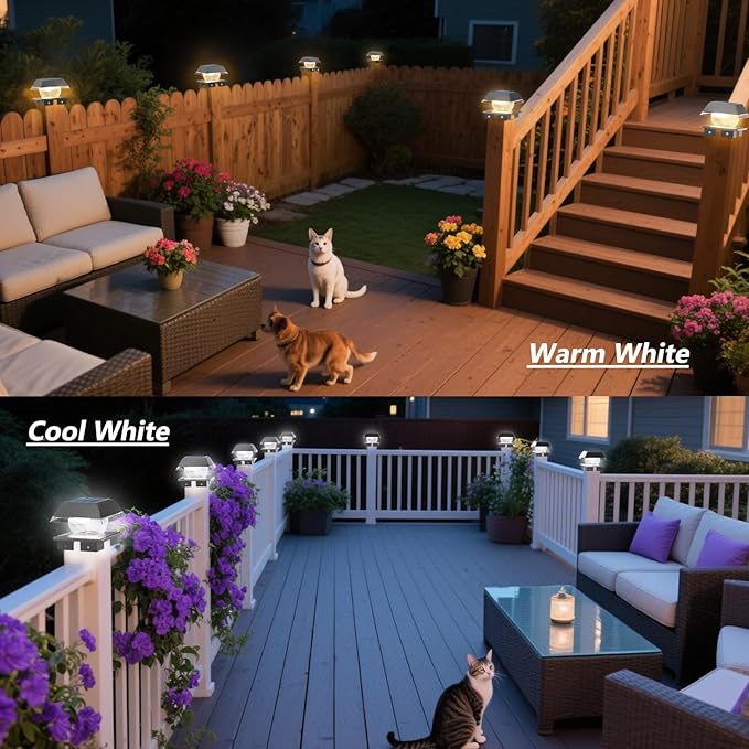 Solar Post Cap Light Outdoor, IP65 Waterproof Black Deck Post Lights for 4x4 Wood/Vinyl, Fence Posts Solar Lights with 2 Color Modes Decorate Backyard Garden Railing Mailbox Posts, 4 Pack