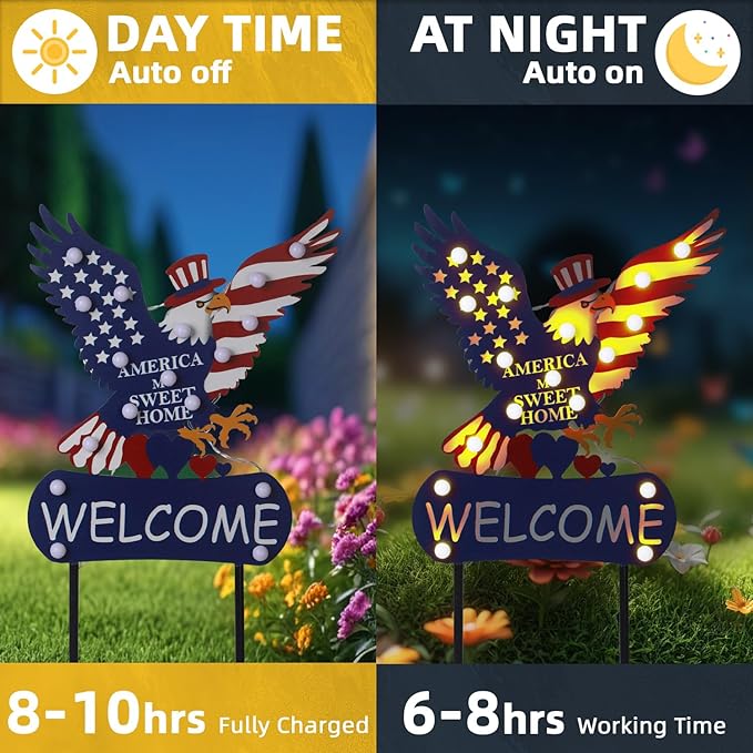 Solar Garden Lights Outdoor Patriotic Decor Eagle Garden Stakes with 17 String Light Bulbs and Welcome Sign for Yard, Fourth of July Decorations for Memorial Day Solar Landscape Lights 46"