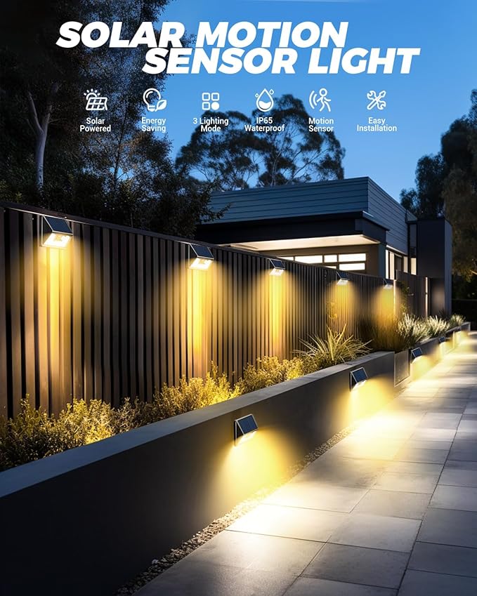 12 Pack Solar Fence Lights, Motion Sensor Deck & Wall Lights - Warm White LED, Wireless, Waterproof, Outdoor for | Lumora