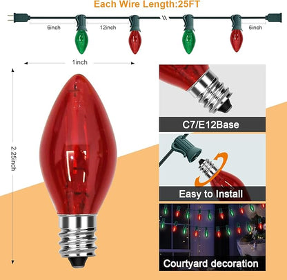 GOOTHY C7 LED Red and Green Christmas Lights 25Ft LED Outdoor String Lights with 27 Clear Red & Green Bulbs, Vintage Christmas Lights for Tree Carnival Patio Wedding Holiday Pathway Roofline Decor