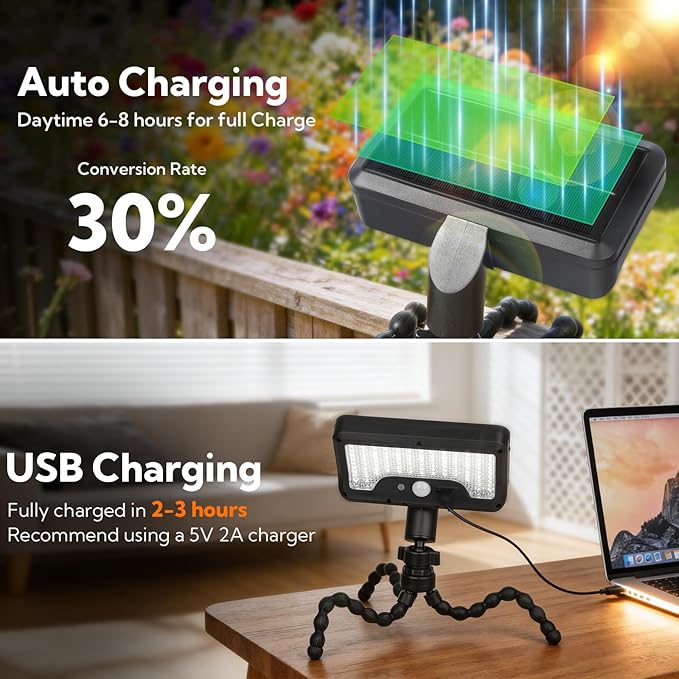 4 Pack Solar Motion Sensor Lights Outdoor, Flexible Octopus Tripod Security Lights, IP65 Waterproof with USB-C Charging, 600LM for Camping, Fence, Patio, Garden