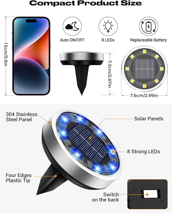 btfarm 4 Pack Solar Lights Outdoor, 8 LED Solar Ground Lights IP65 Waterproof Flat Solar Disc Light, Pathway Lights | Lumora
