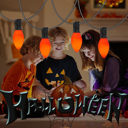 C7 LED Halloween Orange String Lights, 25FT Ceramic Orange Outdoor String Lights with 27 LED Edison Bulbs (2 Spare), Hanging Connectable Lights for Halloween Party Haliday Decor-Black Wire