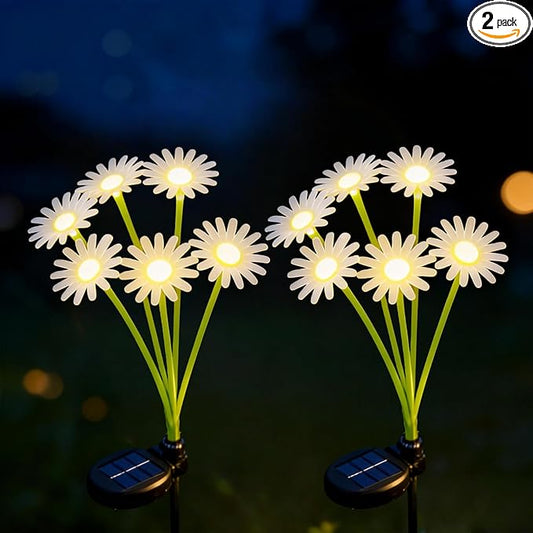 Solar Outdoor Lights (2-Pack, 12 LEDs), Solar Garden Lighting, Outdoor Decorations, Daisy Light for Backyard Porch Balcony Party Decor, Unique Gifts (Warm White)