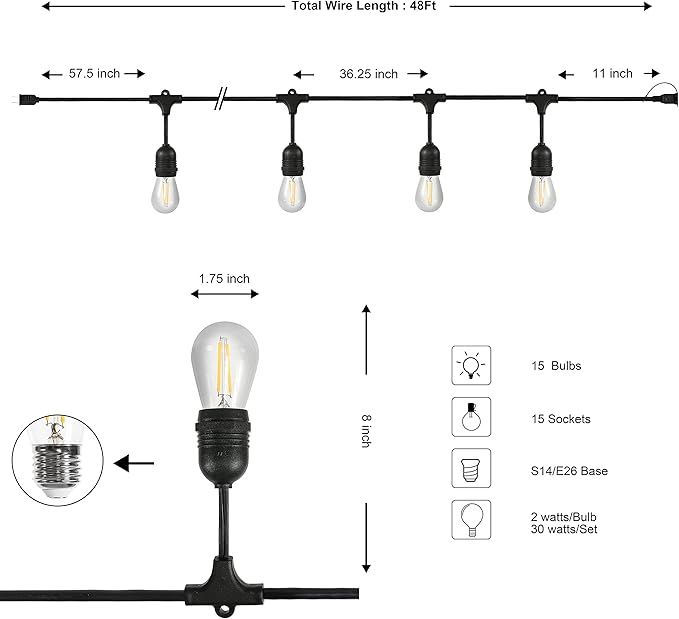 JONATHAN Y JYL8702A 48' Outdoor LED String Lights with 15 S14 Edison Bulbs, Dimmable Weatherproof Commercial Grade | Lumora