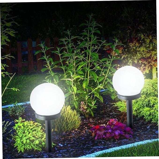 Veemoon 4PCS Solar Garden LED Lights Round Ball Shaped Solar Pathway Lamps for Outdoor Use Automatic Off Warm White Light for Lawn Patio Driveway and Garden