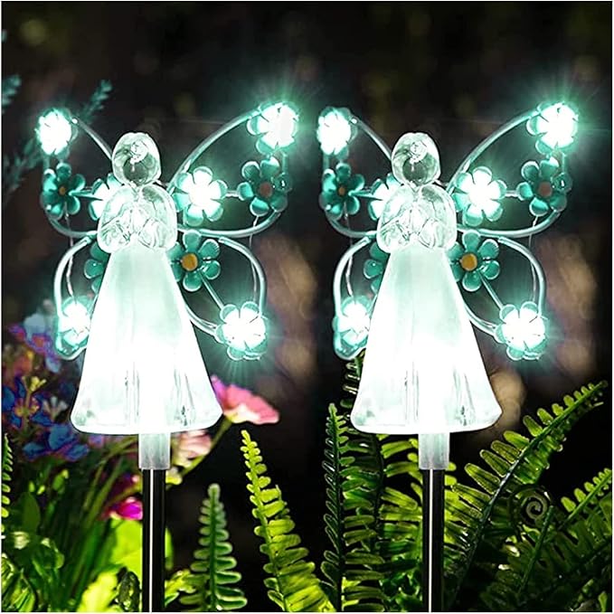 Solar Garden Lights 2pcs Fairy Garden Ornaments Outdoor Solar Pathway Lights, Flower Fairy Resin Figurine Lamp for Courtyard Lawn, Commemorate Gift (Color : Blue)