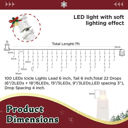 LED Christmas Lights, 100 LED Icicle Lights on 7FT with 4 Inch Spacing - 5MM Wide Angle Warm White Bulbs, IP68 Waterproof & ETL Certified for Outdoor/Indoor