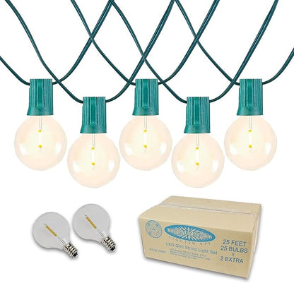 Novelty Lights 25 Feet G40 LED Patio String Light Set with 25 Bulbs, Warm White, Weather Resistant and Shatterproof Replaceable Plastic Globe Bulbs, Green Wire