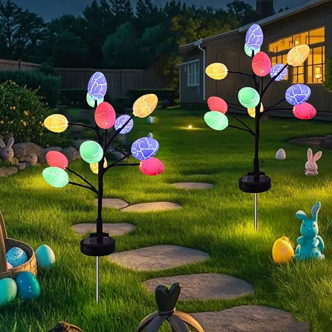 2pack Solar Outdoor Lights LED Easter Eggs Waterproof Solar Street Lights Outdoor with Stainless Steel Stakes, 2 Modes Led Solar Garden Light Solar Spot Light Outdoor Easter Decorations
