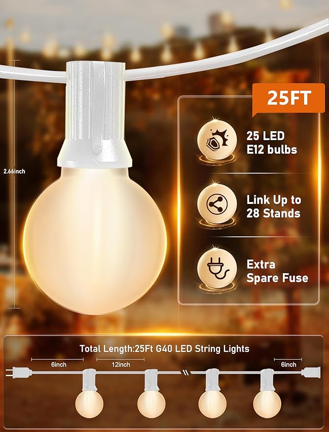 25FT G40 LED Frosted Outdoor String Lights, Globe String Lights with 27 Edison Shatterproof Bulbs(2 Spare), Decorative Lights for Bedroom Bistro Café Wedding, Warm White, White Wire
