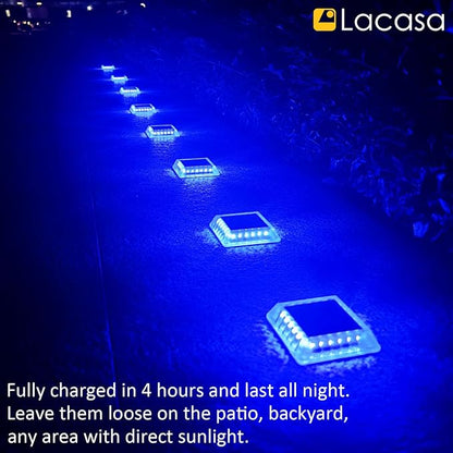 Lacasa Solar Deck Lights, 4 Pack 30LM LED Dock Lights Blue Light, Outdoor Solar Powered Step Lights Light up All Night IP68 Waterproof Auto ON/Off for Garden Stairs Driveway Pathway Lighting