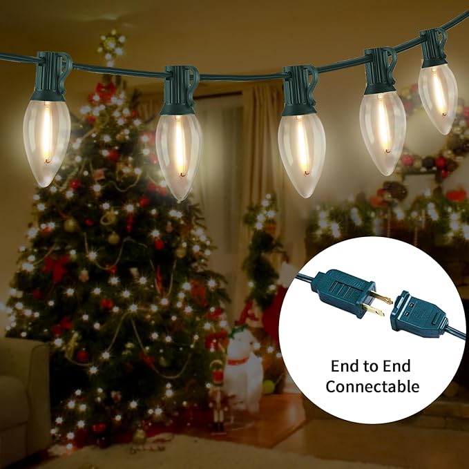 C9 LED Christmas Lights Outdoor 25FT, 25 Energy Efficient Warm White Vintage Bulbs, Connectable, Weatherproof for | Lumora