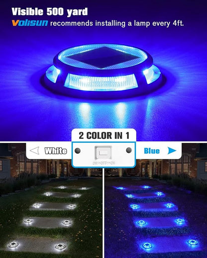 VOLISUN Solar Driveway Lights Dock Outdooor Waterproof Marker Lights,12 Pack Solar Deck Light 2 Colors in 1 Led IP67, Blue Step Light for Driveway Sidewalk Pathway Yard(White/Blue)