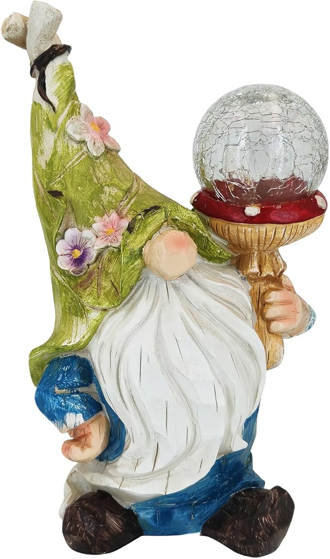 Garden Gnome Solar Light Statue - Outdoor Decorative Figurine with Crackle Glass Globe, Blue & White Floral Design | Lumora