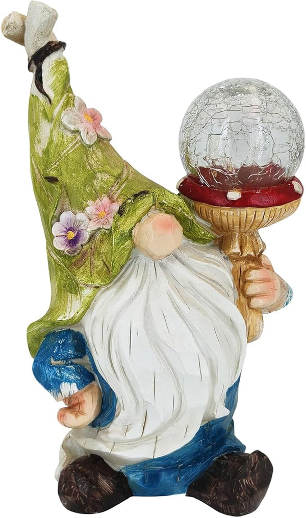 Garden Gnome Solar Light Statue - Outdoor Decorative Figurine with Crackle Glass Globe, Blue & White Floral Design | Lumora