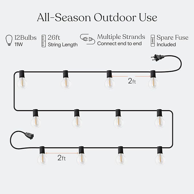 Brightech Bundle: Ambience Pro Waterproof LED Outdoor String Lights - 26 Ft 12 Bulbs, 1W Vintage Edison, Warm White Black + Outdoor Dimmer Plug