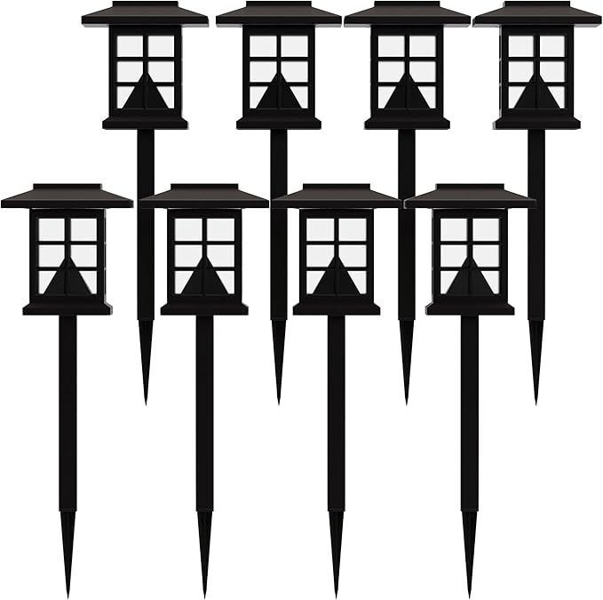 Merrick Lane Burleson Lantern Style All-Weather Outdoor LED Solar Lights, Brown Solar Powered Lights for Pathway, Garden, & Yard - Set of 8