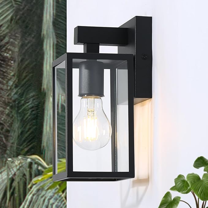 LALUZ Black Outdoor Wall Lights, Modern Farmhouse Rectangle Porch Lights Outdoor Wall with Clear Glass, Waterproof Anti-Rust Exterior Outside Sconce Lighting Light Fixtures for House Patio Garage