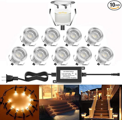 Low Voltage LED Recessed Deck Lighting Kit,Stainless Steel Waterproof Recessed Wood Decking Stairs Garden Yard Patio Decor Lamp Outdoor Warm White LED Lighting, Pack of 10
