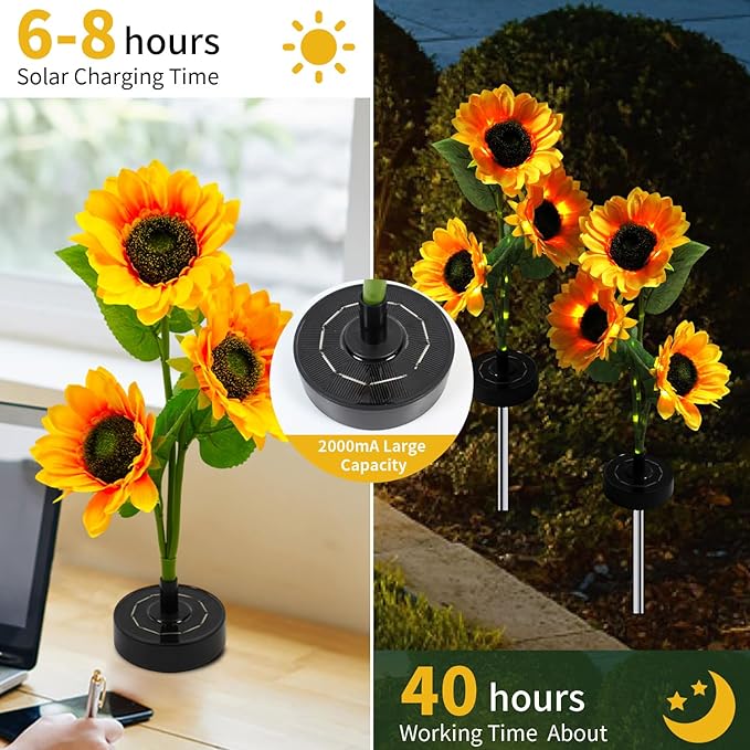 Solar Sunflower Garden Lights Outdoor, Decorative Solar Flower Lights Waterproof, 7 Color Changing Solar Powered Yard Pathway Lawn Lights, Garden Patio Backyard Decor Gift for Mom, 2pcs