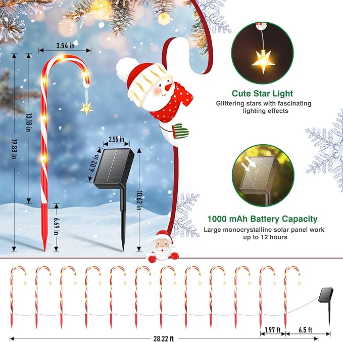 Christmas Decorations Outdoor, 12 Pack Solar Candy Cane Lights Christmas Yard Decorations with 10 Modes and Bright 72 LED, 28ft Longer Waterproof Candy Cane Pathway Lights Xmas Gift