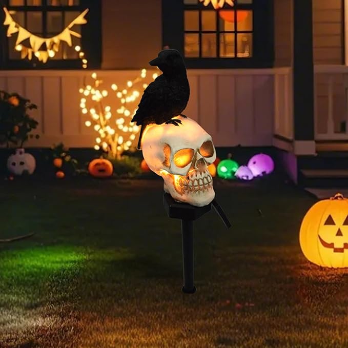 Halloween Skull Lights Crow on Skull Solar Pathway Lights Waterproof Scary Skeleton LED Outdoor Decorations, Realistic Resin Material for Patio Lawn Yard Garden Home Halloween Party (B)