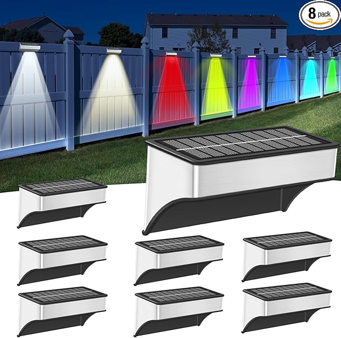 Solar Fence Lights Outdoor,8 Pack Step Lights Solar Powered with 9 Lighting Options, IP65 Waterproof, Deck Light Solar Powered for Outside/Backyard/Patio/Wall/Railing/Pool/Stair