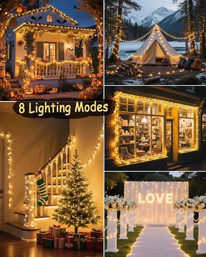 580 LED String Lights, 196FT Indoor Outdoor Fairy Lights, Waterproof Twinkle Christmas Decorations Lights with Remote for Bedroom Outside Tree Garden Halloween Camping Wedding Party Decor, Warm Yellow