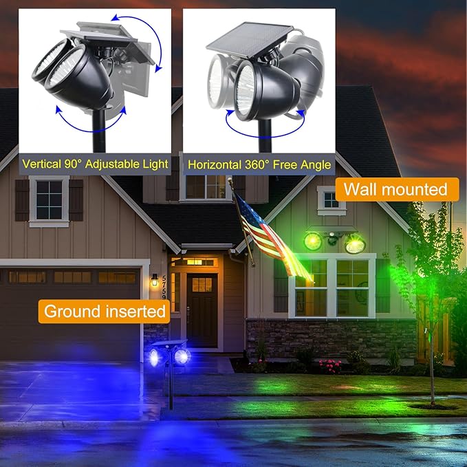 Solar Spotlights Outdoor, IP67 Waterproof 2-in-1 RGB Color Changing Double-Head Solar Lights, Christmas Landscape | Lumora