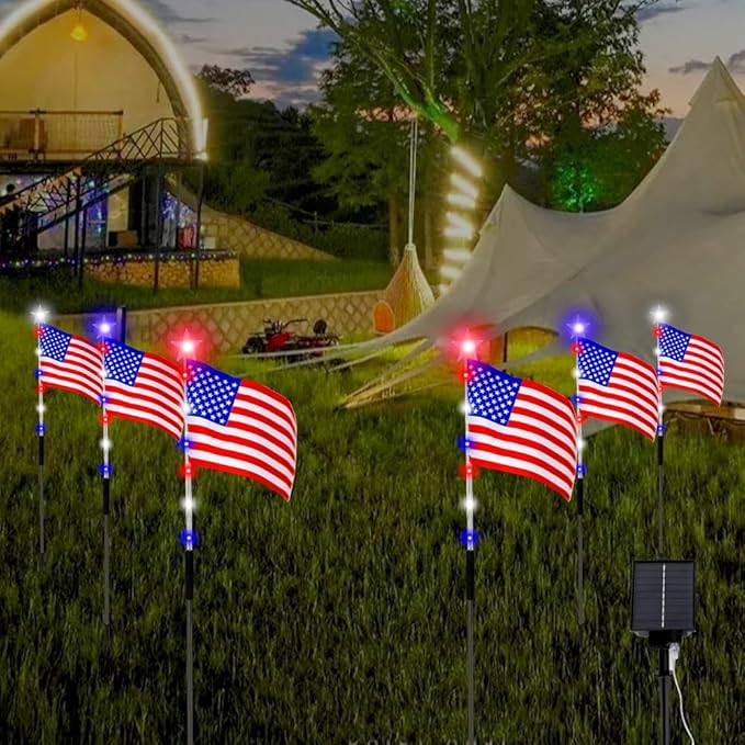 6 Flag Lights 4th of July Decorations 8 Lighting Modes, 6-in-1 American Flag Solar Lights, Memorial Day Decorations with Red White and Blue Lights for Independence Day Path Garden Decor Yard Pathway