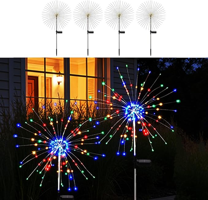 Solar Firework Lights for Outside, 8 Modes RGB Color Changing Fireworks Solar Fairy Light Outdoor for Garden Yard Patio Pathway Wedding Christmas Diwali Easter Party Decor Multicolor(4 Pack)