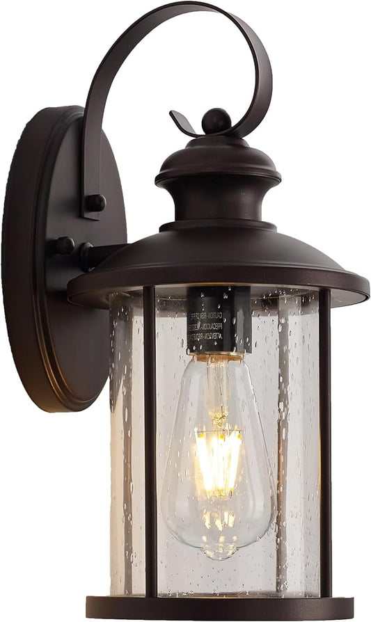 MICSIU 13.75" Oil Rubbed Bronze Outdoor Wall Light Fixtures, 100W Max Exterior Porch Sconce with Clear Seedy Glass, Dimmable Anti-Rust Wall Mount Lighting for House, Garage, Entryway, E26 Base