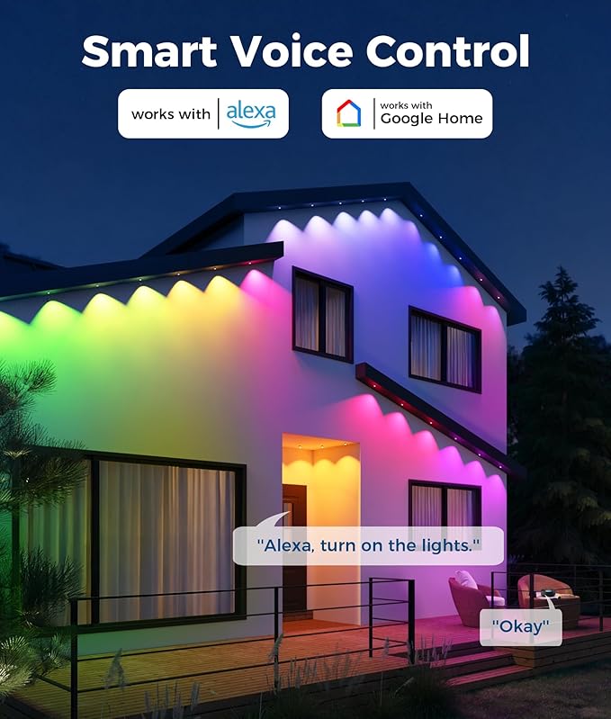 Permanent Outdoor Lights, 100ft RGB & 60pcs LED Lights, 79 Scene Modes with Timer for Smart Outdoor Decorations, IP67 Waterproof Works with Alexa and Google