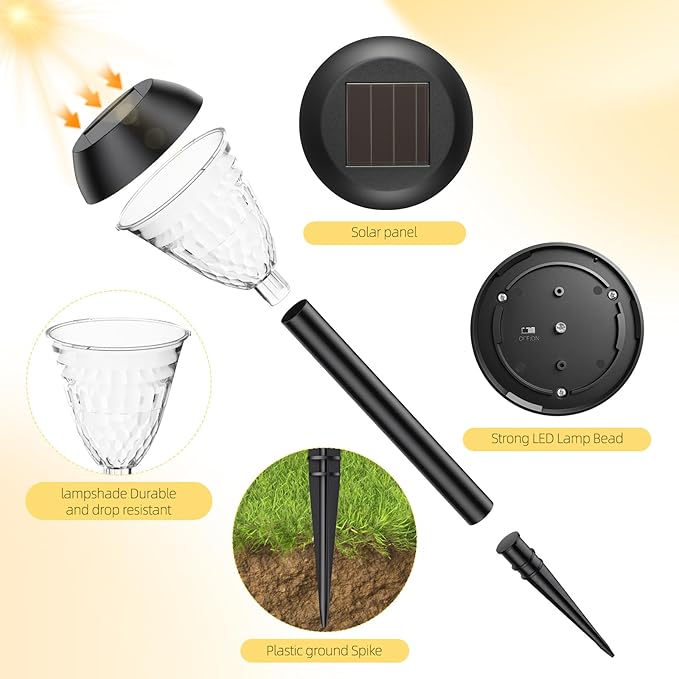 2 Pack Solar Pathway Lights Outdoor, New Upgraded Waterproof LED Lights, 3 Variants (Warm White/Golden/7-Color Slow Flash) with Unique Lamp Shade Patterns, for Garden (2-Pack Warm Light)