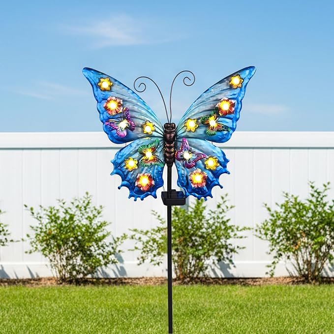 Butterfly Solar Lights Outdoor Waterproof Large with 14 String Bulbs and Flowers, Solar Garden Stakes Butterfly Yard Decor Gardening Gifts for Women Mom Grandma Gardeners Enthusiasts 50"